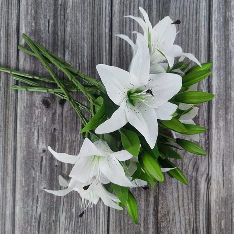 AntranStore 7 Pcs Artificial Lily Flowers Artificial Lilies Flowers for Home Wedding Bouquets Home Hotel Party Decor Graves Arrangement (White) - Image 4